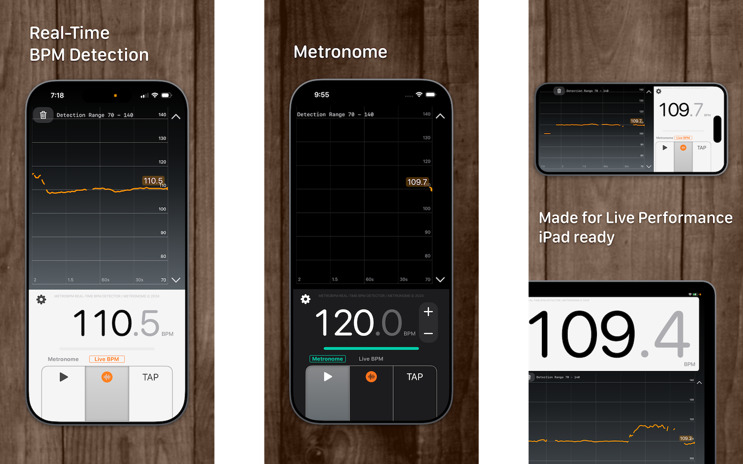 MetroBPM screenshots showing iphone and ipad UI